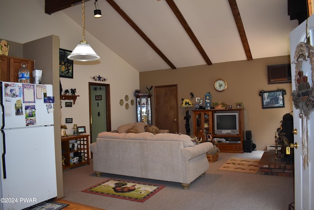 living room with beamed ceiling, carpet floors, high vaulted ceiling, and baseboard heating