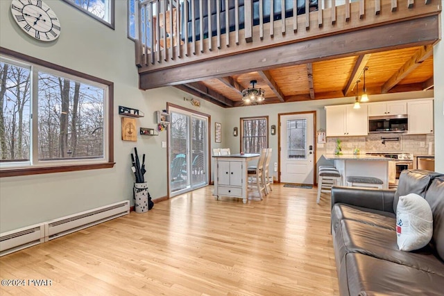 living room featuring light hardwood / wood-style floors, beam ceiling, wood ceiling, and baseboard heating