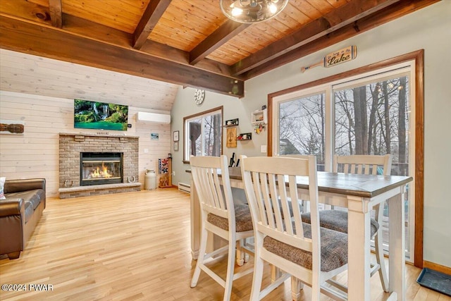 dining room with a fireplace, light wood-type flooring, wooden ceiling, and wooden walls