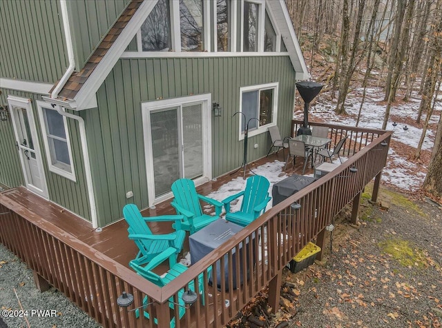 view of snow covered deck