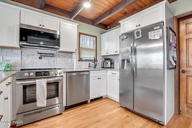 kitchen featuring beamed ceiling, white cabinets, wooden ceiling, and stainless steel appliances