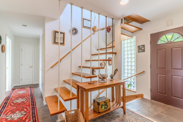 113 Jacobs Ladder Rd, Starrucca, PA 18462 - entrance foyer with recessed lighting, stairway, and stone finish floors