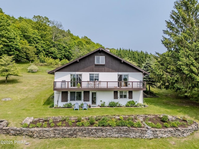 113 Jacobs Ladder Rd, Starrucca, PA 18462 - back of house with a wooden deck, a yard, and a view of trees