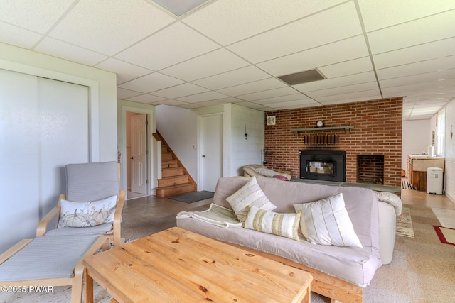 113 Jacobs Ladder Rd, Starrucca, PA 18462 - living area with a drop ceiling, a fireplace, and stairway
