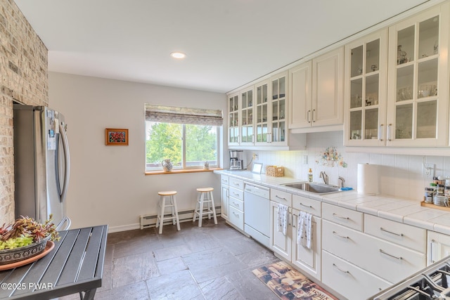 113 Jacobs Ladder Rd, Starrucca, PA 18462 - kitchen with freestanding refrigerator, dishwasher, a baseboard radiator, backsplash, and recessed lighting