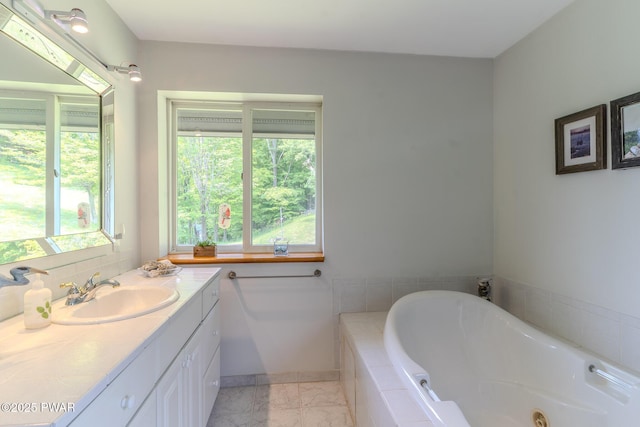 113 Jacobs Ladder Rd, Starrucca, PA 18462 - full bath featuring vanity, a jetted tub, and marble look tile flooring