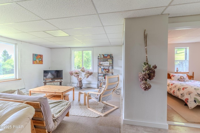 113 Jacobs Ladder Rd, Starrucca, PA 18462 - living area featuring a paneled ceiling, healthy amount of natural light, and concrete block wall