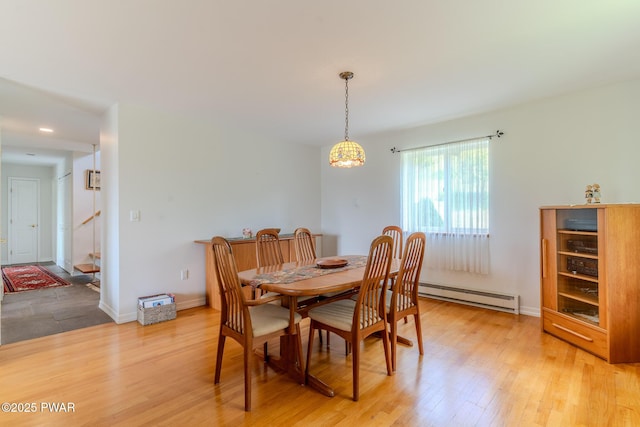 113 Jacobs Ladder Rd, Starrucca, PA 18462 - dining space featuring a baseboard radiator, light wood-style flooring, a chandelier, recessed lighting, and stairway