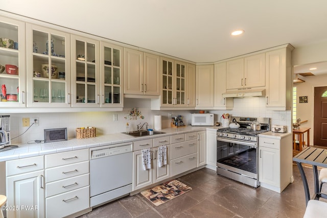 113 Jacobs Ladder Rd, Starrucca, PA 18462 - kitchen featuring white appliances, under cabinet range hood, decorative backsplash, recessed lighting, and glass insert cabinets