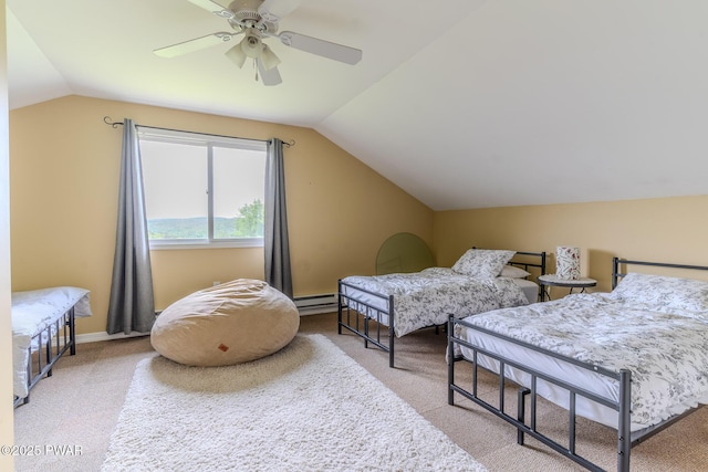 113 Jacobs Ladder Rd, Starrucca, PA 18462 - bedroom featuring carpet floors, lofted ceiling, a baseboard radiator, and ceiling fan