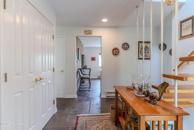 113 Jacobs Ladder Rd, Starrucca, PA 18462 - hallway featuring stone tile flooring, recessed lighting, stairway, and a baseboard radiator