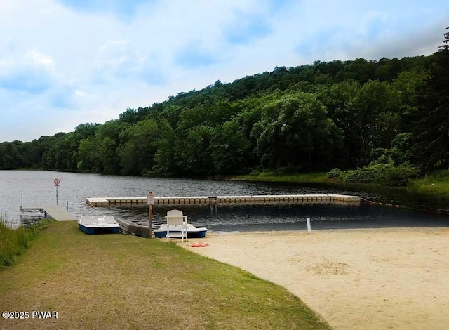 view of dock with a water view and a wooded view