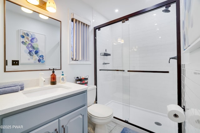 full bath with a shower stall, toilet, and vanity