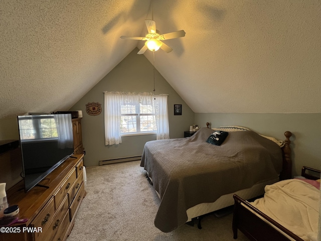 bedroom featuring a textured ceiling, a baseboard radiator, light colored carpet, ceiling fan, and vaulted ceiling