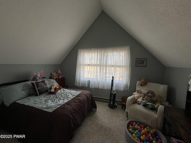 carpeted bedroom with a textured ceiling and vaulted ceiling