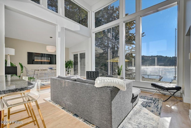 living room featuring hardwood / wood-style flooring and a water view