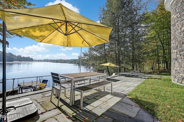 dock area with a lawn, a patio area, and a water view