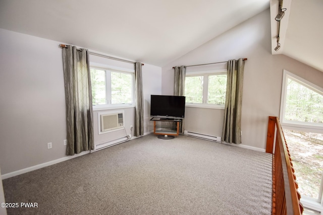 139 Westwood Dr, Dingmans Ferry, PA 18328 - living area with vaulted ceiling, plenty of natural light, baseboard heating, and carpet