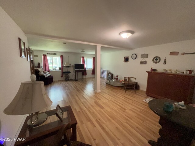 130 Roundhill Rd, Dingmans Ferry, PA 18328 - living room with light wood-type flooring and decorative columns