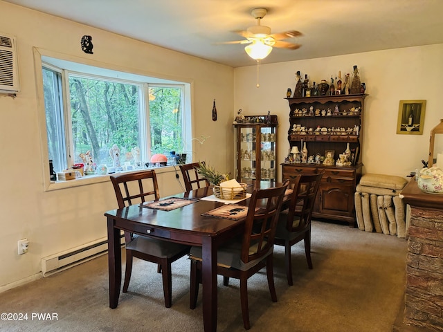 dining room featuring a wall mounted air conditioner, ceiling fan, carpet floors, and baseboard heating