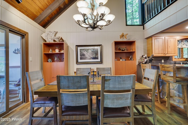 102 Lake Run, Greentown, PA 18426 - dining space with light wood-type flooring, a chandelier, and wood ceiling