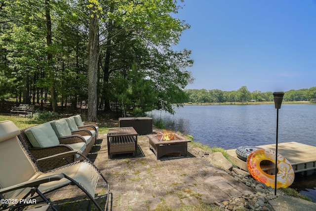 102 Lake Run, Greentown, PA 18426 - view of patio / terrace with a water view and an outdoor living space with a fire pit