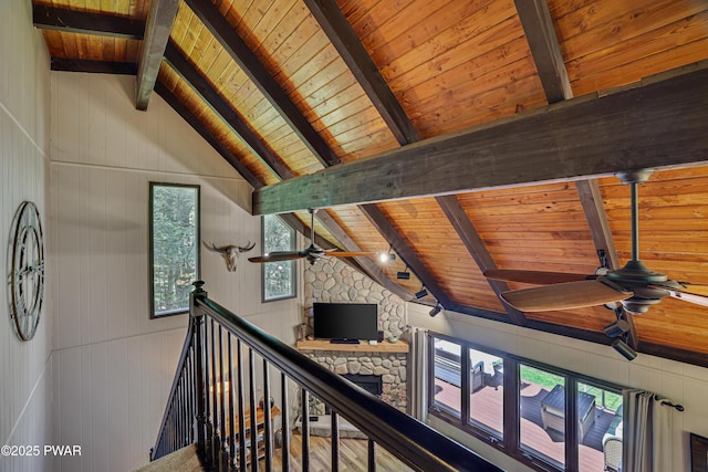 102 Lake Run, Greentown, PA 18426 - hall with wooden ceiling, wood walls, and an upstairs landing
