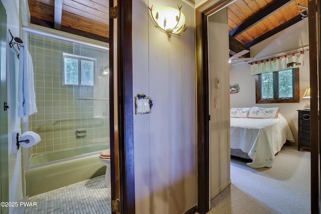 102 Lake Run, Greentown, PA 18426 - bathroom featuring wood ceiling, ensuite bath, healthy amount of natural light, and bathtub / shower combination
