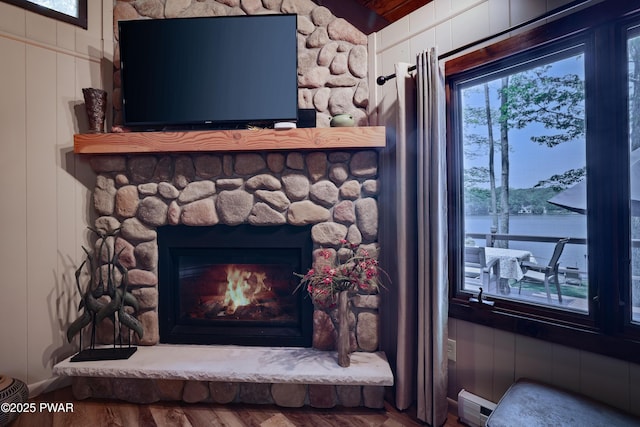 102 Lake Run, Greentown, PA 18426 - detailed view of a baseboard radiator, wood finished floors, a fireplace, and nearby water