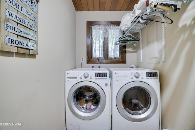 102 Lake Run, Greentown, PA 18426 - washroom with washing machine and dryer and wooden ceiling
