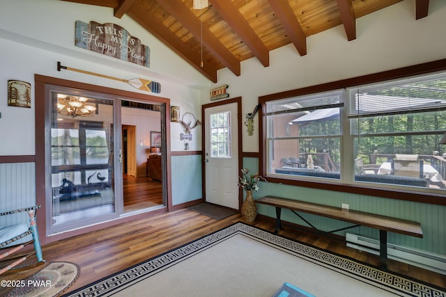 102 Lake Run, Greentown, PA 18426 - entrance foyer with wood finished floors, a chandelier, plenty of natural light, wainscoting, and a baseboard radiator