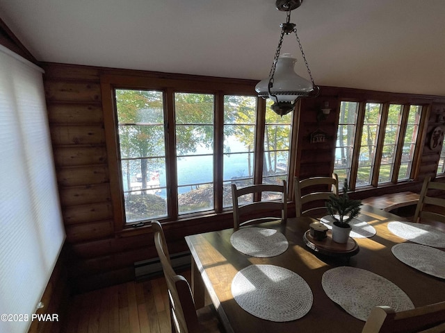 22 Glen Rd, Lake Ariel, PA 18436 - dining area with log walls, wood-type flooring, plenty of natural light, and baseboard heating