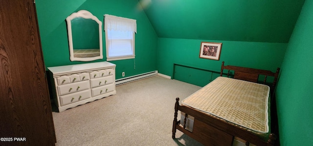 640 Rte 434, Shohola, PA 18458 - bedroom with a baseboard radiator, vaulted ceiling, and carpet floors