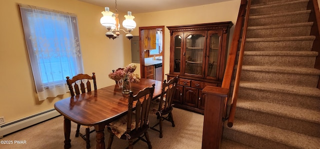 640 Rte 434, Shohola, PA 18458 - dining space with a baseboard heating unit, stairs, a chandelier, and light colored carpet