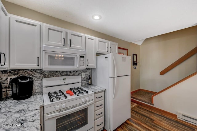 98 Roamingwood Rd, Lake Ariel, PA 18436 - kitchen with white cabinets, dark wood-style floors, white appliances, light stone countertops, and a baseboard radiator