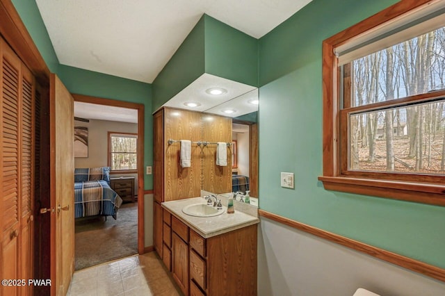 98 Roamingwood Rd, Lake Ariel, PA 18436 - bathroom with tile patterned floors, vanity, baseboards, ensuite bath, and recessed lighting