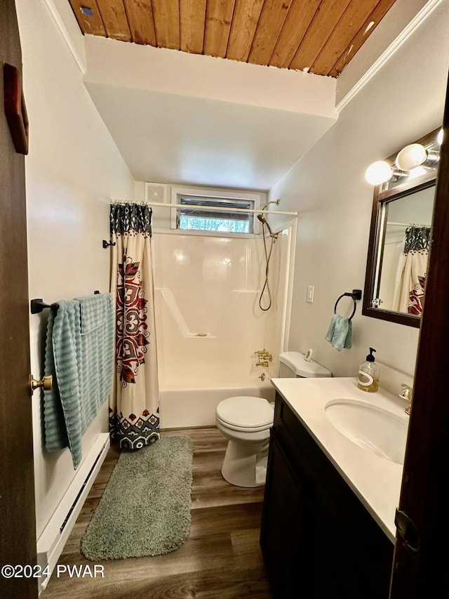 full bathroom with vanity, a baseboard heating unit, hardwood / wood-style flooring, toilet, and shower / tub combo with curtain