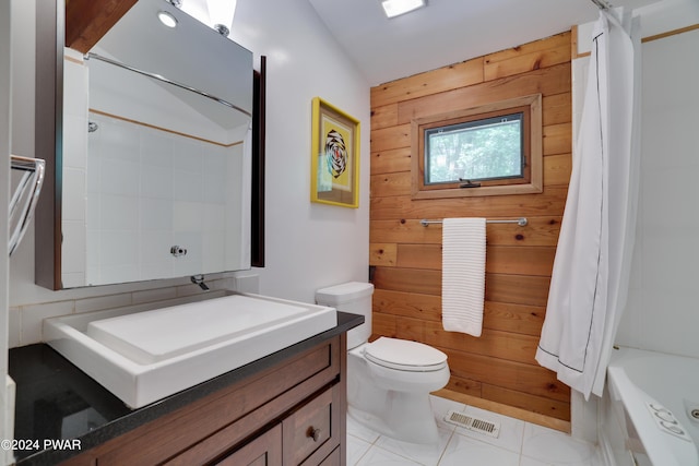 10 Cove Point Cir, Lakeville, PA 18438 - bathroom featuring wood walls, vanity, shower / bathtub combination with curtain, and tile patterned floors