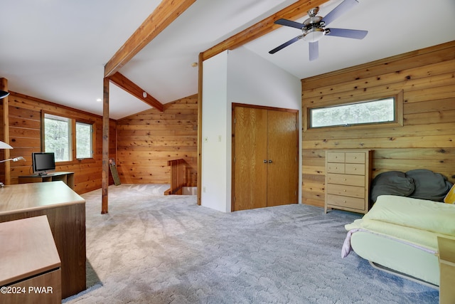 10 Cove Point Cir, Lakeville, PA 18438 - sitting room featuring wooden walls, carpet flooring, a desk, ceiling fan, and an upstairs landing