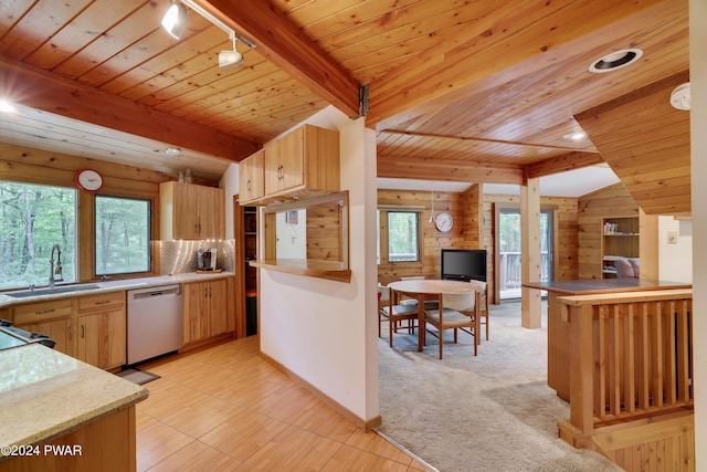 10 Cove Point Cir, Lakeville, PA 18438 - kitchen featuring dishwasher, open floor plan, a wood ceiling with exposed beams, wood walls, and light brown cabinetry