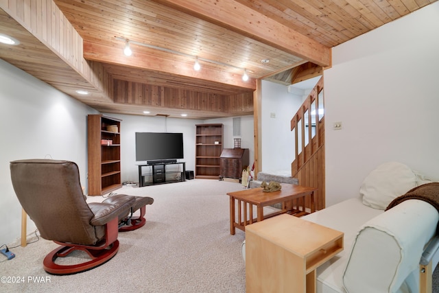10 Cove Point Cir, Lakeville, PA 18438 - living room with wooden ceiling, carpet, recessed lighting, and stairway