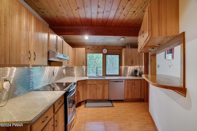 10 Cove Point Cir, Lakeville, PA 18438 - kitchen with appliances with stainless steel finishes, under cabinet range hood, tasteful backsplash, and wood ceiling