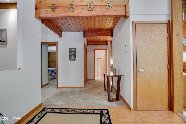 10 Cove Point Cir, Lakeville, PA 18438 - corridor featuring a wood ceiling with exposed beams and carpet floors