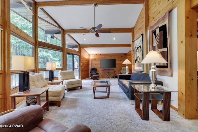 10 Cove Point Cir, Lakeville, PA 18438 - living area with wooden walls, carpet, ceiling fan, and recessed lighting