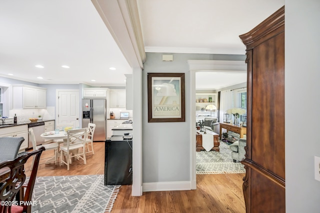 136 Weasel Rd, Dingmans Ferry, PA 18328 - hall featuring ornamental molding, light wood-type flooring, and recessed lighting
