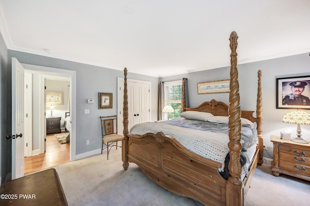 136 Weasel Rd, Dingmans Ferry, PA 18328 - bedroom with crown molding, light carpet, and a closet