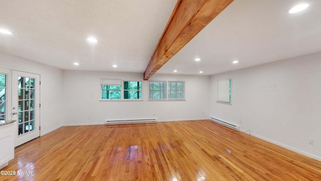 152 Fairview Dr, Dingmans Ferry, PA 18328 - empty room featuring a baseboard heating unit, light wood-style floors, recessed lighting, beamed ceiling, and baseboards