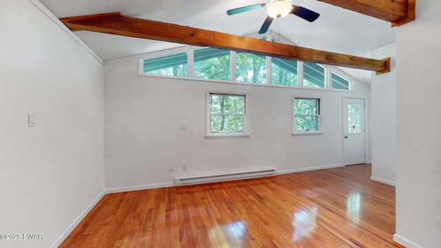 152 Fairview Dr, Dingmans Ferry, PA 18328 - empty room with a baseboard radiator, wood finished floors, ceiling fan, and baseboards