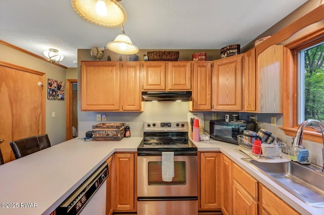 108 Minnow Ct, Lackawaxen, PA 18435 - kitchen featuring stainless steel range with electric cooktop, under cabinet range hood, white dishwasher, light countertops, and a textured ceiling