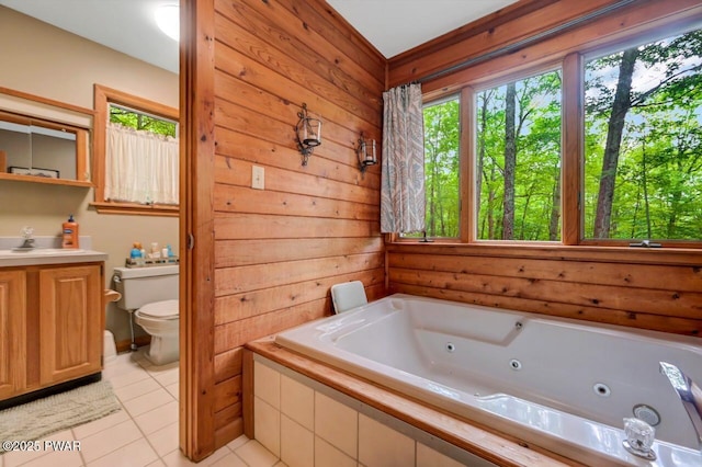 108 Minnow Ct, Lackawaxen, PA 18435 - full bathroom featuring a whirlpool tub, vanity, tile patterned flooring, and wood walls